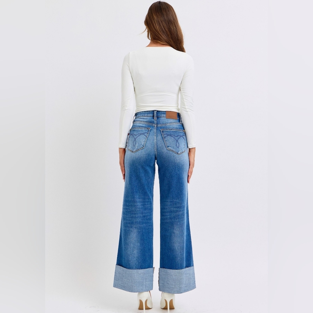 Judy Blue High-Rise Torn Boyfriend Jeans Ultra Wide Leg Cuff Raw Hem Denim Pants - Picture 8 of 16